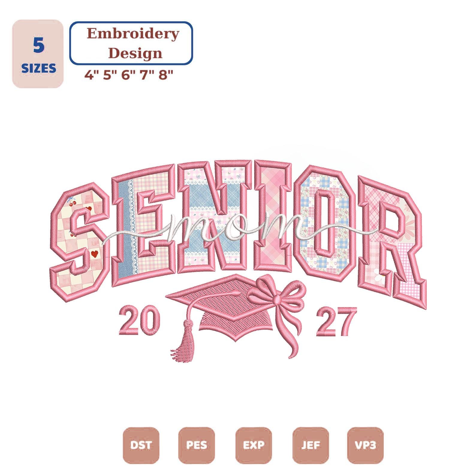 Senior Mom 2027 Machine Embroidery File, Graduation Cap Coquette Graduate Design (Instant Download)