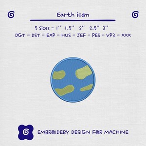 Planet Earth Embroidery Design, Cute Globe Machine Embroidery File, World Map Icon Pattern, Instant Download, 5 Sizes