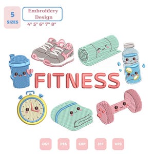 Puede incluir: Un diseño de bordado con la palabra FITNESS en letras rosas rodeada de iconos de fitness antropomórficos, incluyendo un mezclador azul, zapatillas rosas, una esterilla de yoga turquesa, una botella de agua, un cronómetro amarillo, una toalla y una mancuerna rosa.
