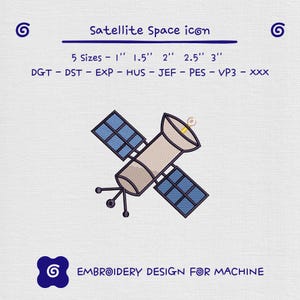 Projekt haftu satelity kosmicznego, plik do haftu maszynowego stacji orbitalnej, wzór ikony nauki i technologii, natychmiastowe pobranie, 5 rozmiarów
