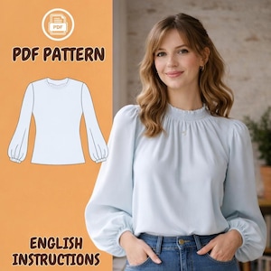 May include: A light blue blouse with long, gathered sleeves and a high, ruffled neckline. The image includes a PDF pattern graphic and the words "PDF Pattern" and "English Instructions". A woman is wearing the blouse.