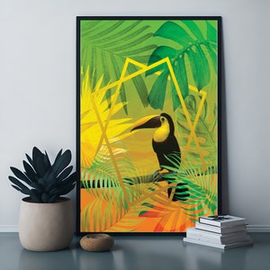 "Toucan" poster | 30x40 | Digital collage | Print | Wooden frame | Framed poster | Exotic animals | Graphics | Tropical