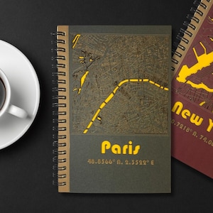 Paris Laser Map Journal Laser Cut, Frankreich Geschenke, personalisierte Skizze, Notizbuch Journal, Reisetagebuch, Notizbuch mit individuellem Namen
