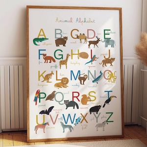 Arte mural con alfabeto de animales, póster con alfabeto inglés, aprende letras y lee, materiales para la educación en el hogar, descarga instantánea