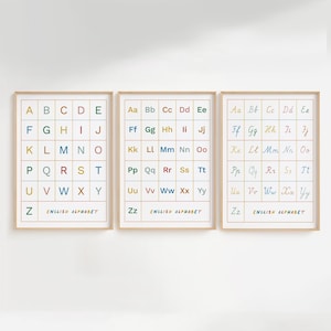 Juego de 3 alfabetos, tres tipos de letras, mayúsculas, minúsculas y manuscritas, póster del alfabeto inglés, descarga instantánea