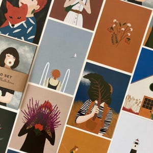 Conjunto de 12 cartões postais para impressão, cartões com ilustrações coloridas, menina com flores, mar, natureza, farol, cartão de Natal Download instantâneo