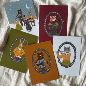 Ensemble de 5 cartes de Noël imprimables, bande d'animaux, illustrations simples et modernes avec ours, renard et lapin, carte postale minimale, TÉLÉCHARGEMENT IMMÉDIAT