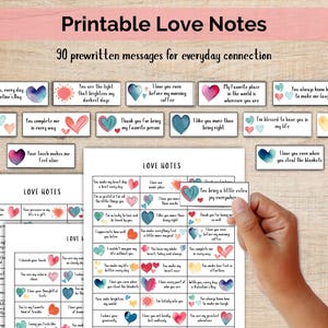 Printable Love Notes for Him or Her – 90 Romantic Lunchbox & Valentine Notes with Watercolor Hearts + Bonus Blank Set