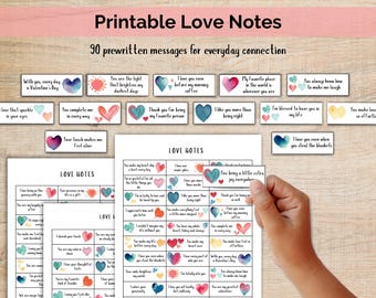 Printable Love Notes for Him or Her – 90 Romantic Lunchbox & Valentine Notes with Watercolor Hearts + Bonus Blank Set