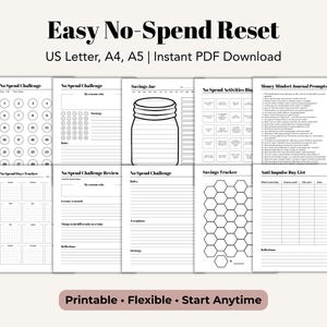 May include: A printable "Easy No-Spend Reset" PDF download. The design includes pages for challenges, savings tracking, and journal prompts. Text includes "US Letter, A4, A5 | Instant PDF Download" and "Printable • Flexible • Start Anytime."
