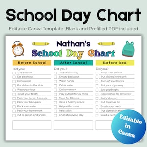 Editable School Day Checklist for kids | Printable Chore Chart | School Day Chart | Before School, After School, Before Bed | ADHD friendly