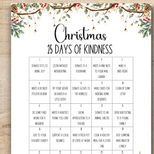 25 Days of Christmas Kindness Advent Calendar | Printable | Watercolor Design | Holiday Activity Tracker