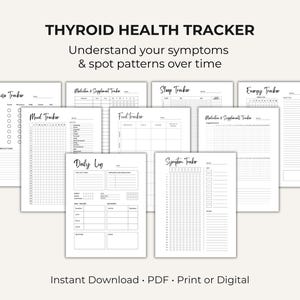 Seguimiento de la salud tiroidea (PDF imprimible) / Registro diario de síntomas y estado de ánimo / Seguimiento de medicamentos, suplementos, sueño, energía y alimentación