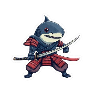 Autocollant mignon de requin samouraï - Autocollants amusants Kiss-Cut pour ordinateur portable, bouteille d’eau, scrapbooking - Autocollant Kawaii japonais indépendant unique, Requin samouraï