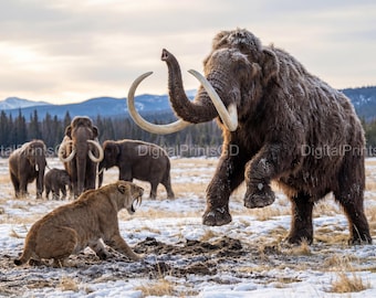 Woolly Mammoth Family Art Print: Ice Age Wildlife Decor (Digital Download)
