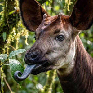 May include: A close-up of an okapi in a lush green forest. The okapi has a brown and tan coat, large ears, and a long, blue tongue reaching for a green leaf. The background is blurred, highlighting the animal.