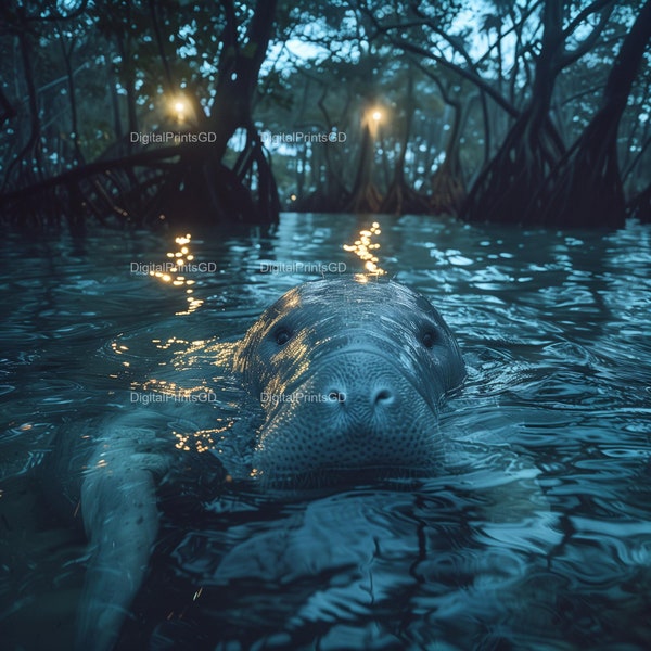 Impresión de manatí apacible: Vaca marina serena, arte acuático (2048 px)