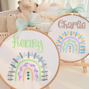 Newborn Name Sign  Hospital Door Hanger Boy Name Sign  Custom Embroidery Hoop Wooden Name Sign Rainbow Nursery Art