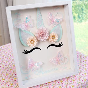 Enseigne de faire-part de bébé pour nouveau-né nom brodé cadre licorne ombre boîte boîte à fleurs en papier art de la chambre bohème