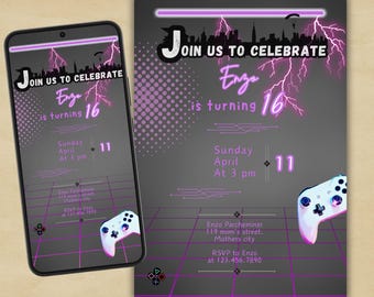 Personalized birthday invitation card, birthday announcement, video games, printable and mobile version