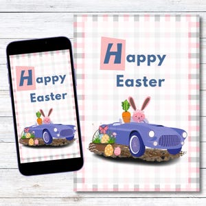 Cartes pâques Imprimable - Lapin de pâques et sa voiture - version imprimable et mobile, jpg, png, pdf