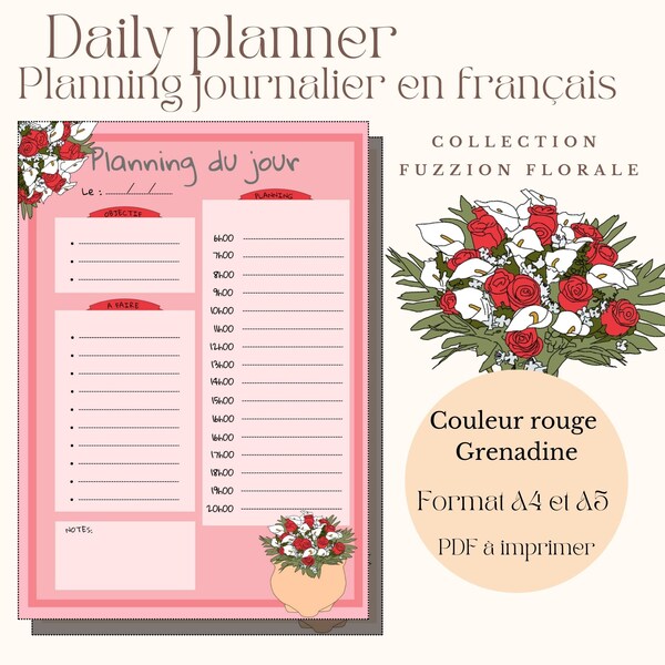 Daily Planner Color Grenadine Red from the Fuzzion Florale collection in French - A4 and A5 format