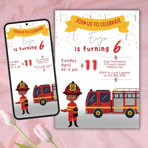 パーソナライズされた誕生日の招待状、誕生日のお知らせ、消防士、消防車、印刷可能およびモバイル版