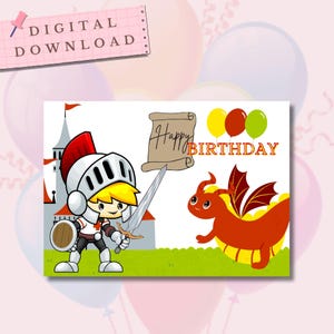 Carte d'anniversaire - Chevalier -  imprimable - impression 8,5 pouces par 11 pouces et A4  - coupé et plié  à 5 pouces par 7 pouces et A6