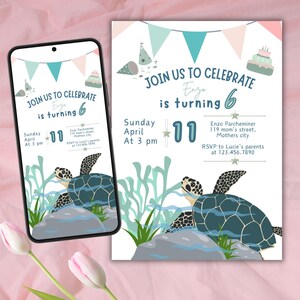 パーソナライズされた誕生日の招待状、誕生日のお知らせ、ウミガメ、印刷可能およびモバイル版