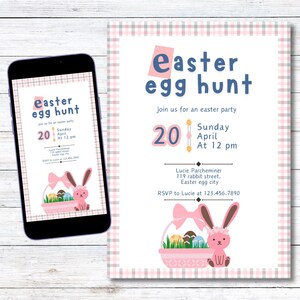 Carte invitation personnalisée chasse aux œufs, faire part pâques, invitation en anglais,  version imprimable et mobile, jpg, png, pdf,