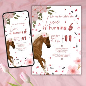 パーソナライズされた誕生日の招待状、誕生日のお知らせ、乗馬、印刷可能およびモバイル版