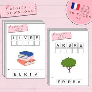 Fichas de aprendizaje de palabras para niños a partir de 3 años, recortar y pegar las letras, formato A4, descarga PDF, imprimible