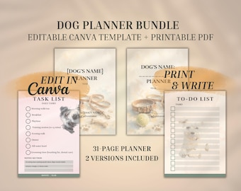 Bundel met een hondenverzorgingsplanner, inclusief een bewerkbare Canva-sjabloon en een printbare PDF, 31 pagina's.
