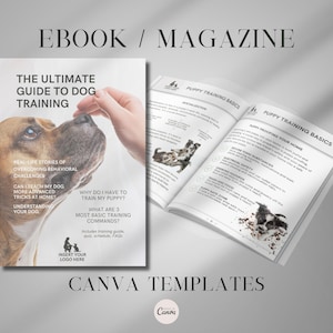 Op de afbeelding: Een open tijdschrift en een boekomslag met de titel "The Ultimate Guide to Dog Training". De omslag toont een hond die door een hand wordt aangeraakt. De tijdschriftpagina's tonen de basisprincipes van puppy training.