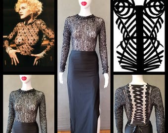 MADE TO ORDER  Madonna Vogue Inspired Lace Top with Corset-like Lace up Back and Long Black Skirt with side slits