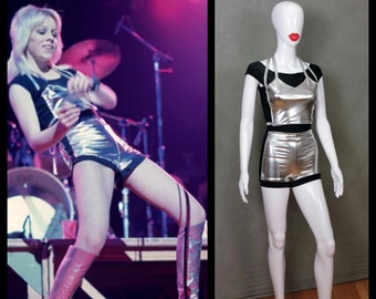 MADE TO ORDER Cherie Currie - The Runaways - Inspired Silver Metallic Shorts and Black Tshirt Costume