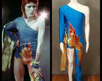 MADE TO ORDER David Bowie/ Ziggy Stardust Inspired One Shoulder-One Leg Bodysuit Flame Costume for Men