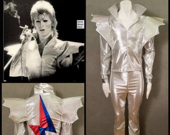 MADE TO ORDER David Bowie / Ziggy Stardust inspired Silver 2 piece suit with 'Bat Wings' and lightning bolt on the back of jacket for men