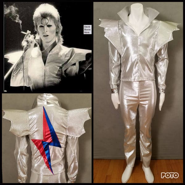 MADE TO ORDER David Bowie / Ziggy Stardust inspired Silver 2 piece suit with 'Bat Wings' and lightning bolt on the back of jacket for men