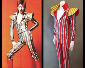 MADE TO ORDER David Bowie / Ziggy Stardust Striped 2 piece suit with high collar and shoulder 'wings' for Men