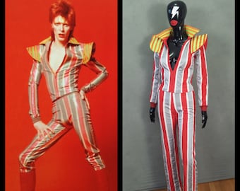 MADE TO ORDER David Bowie / Ziggy Stardust Striped 2 piece suit with high collar and shoulder 'wings'