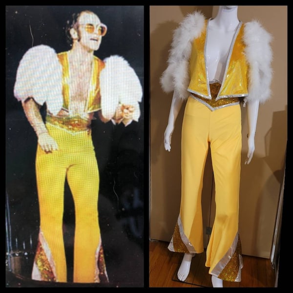 MADE TO ORDER Elton John inspired Yellow / Gold Vest, belt and Pant for Women