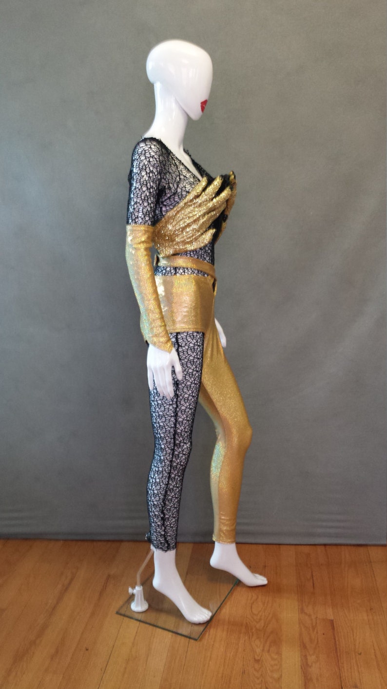 MADE TO ORDER Limited Edition David Bowie/ Ziggy Stardust Inspired Gold Monster Hands / One leg pant and Black Mesh Bodysuit Costume image 4