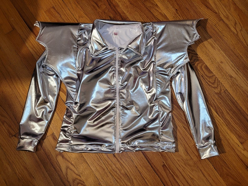 MADE TO ORDER David Bowie / Ziggy Stardust inspired Silver 2 piece suit with 'Bat Wings' and lightning bolt on the back of jacket for men image 8