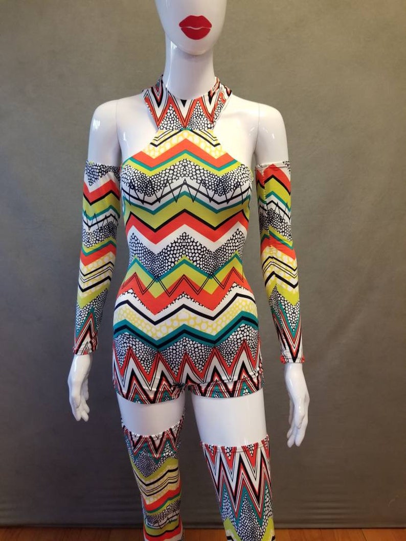 READY TO SHIP David Bowie Inspired Zig Zag Bodysuit with Arm and Leg Bands Size xs/s image 7