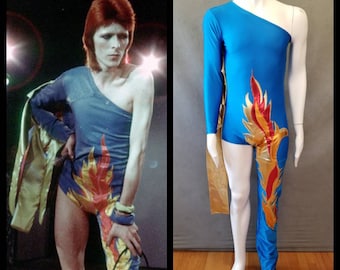 MADE TO ORDER David Bowie/ Ziggy Stardust Inspired One Shoulder-One Leg Bodysuit Flame Costume for Men