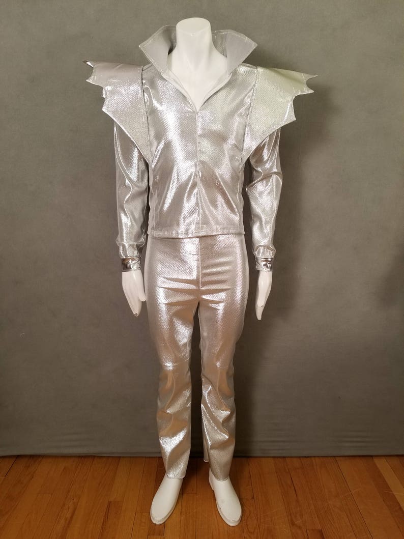 MADE TO ORDER David Bowie / Ziggy Stardust inspired Silver 2 piece suit with 'Bat Wings' and lightning bolt on the back of jacket for men image 2