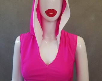 READY TO SHIP Hot pink Hooded Crop Top with White Trim- Size S