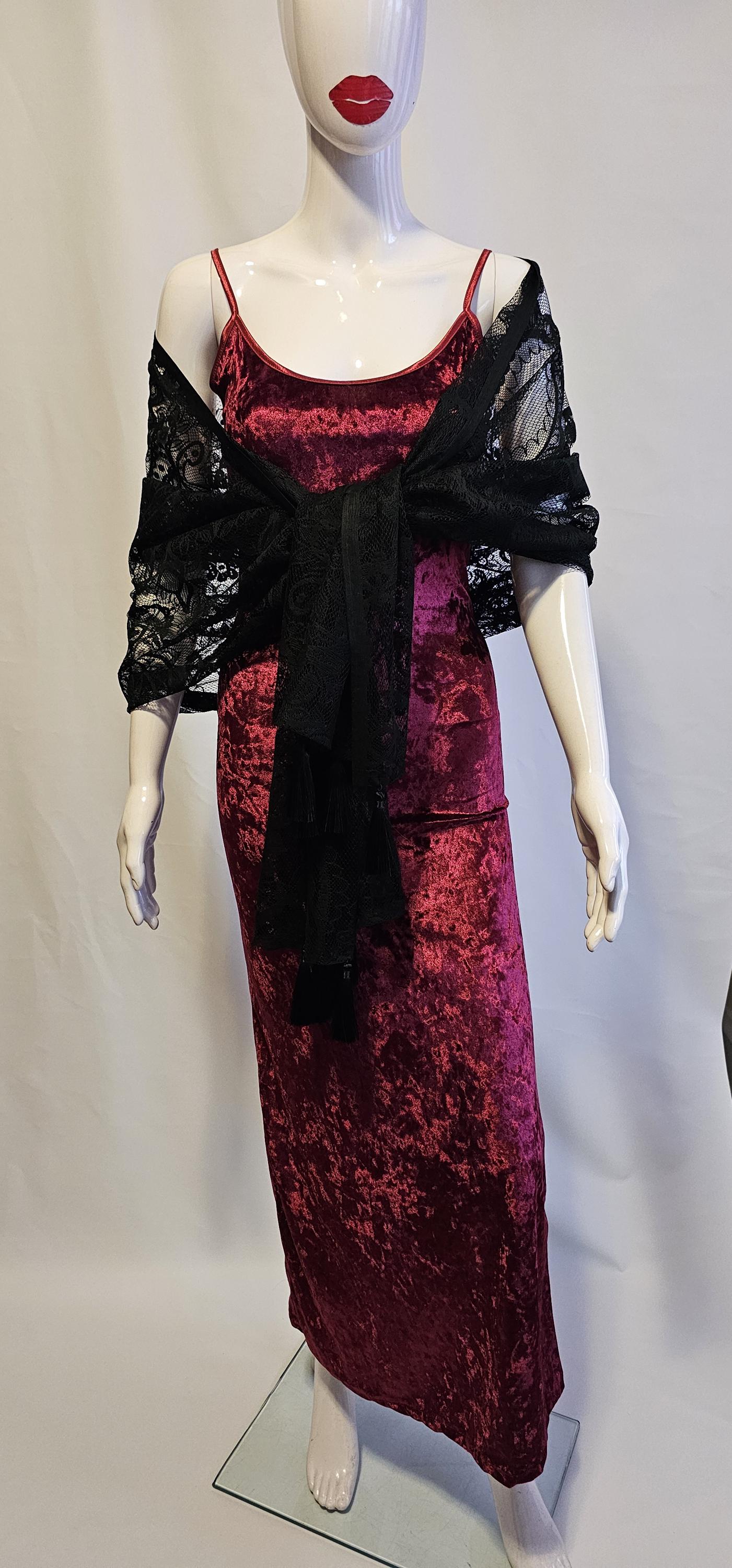 Burgundy Crushed Velvet Dress With Black Lace Shawl - Made to