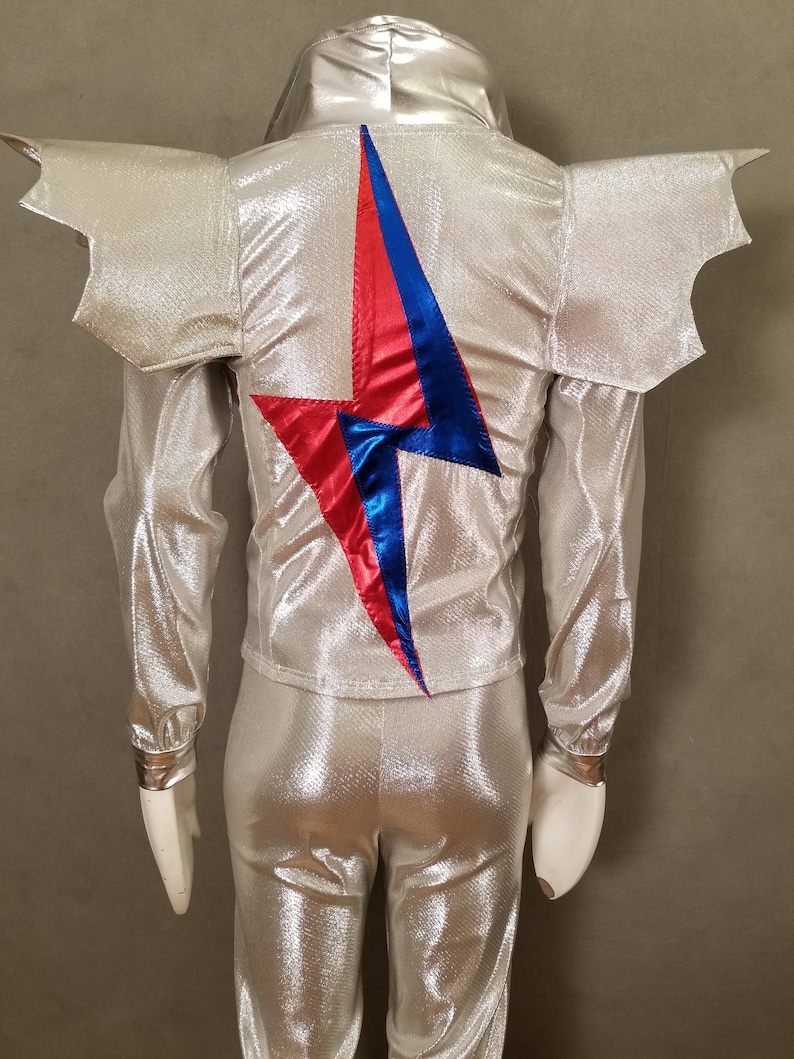 MADE TO ORDER David Bowie / Ziggy Stardust inspired Silver 2 piece suit with 'Bat Wings' and lightning bolt on the back of jacket for men image 6